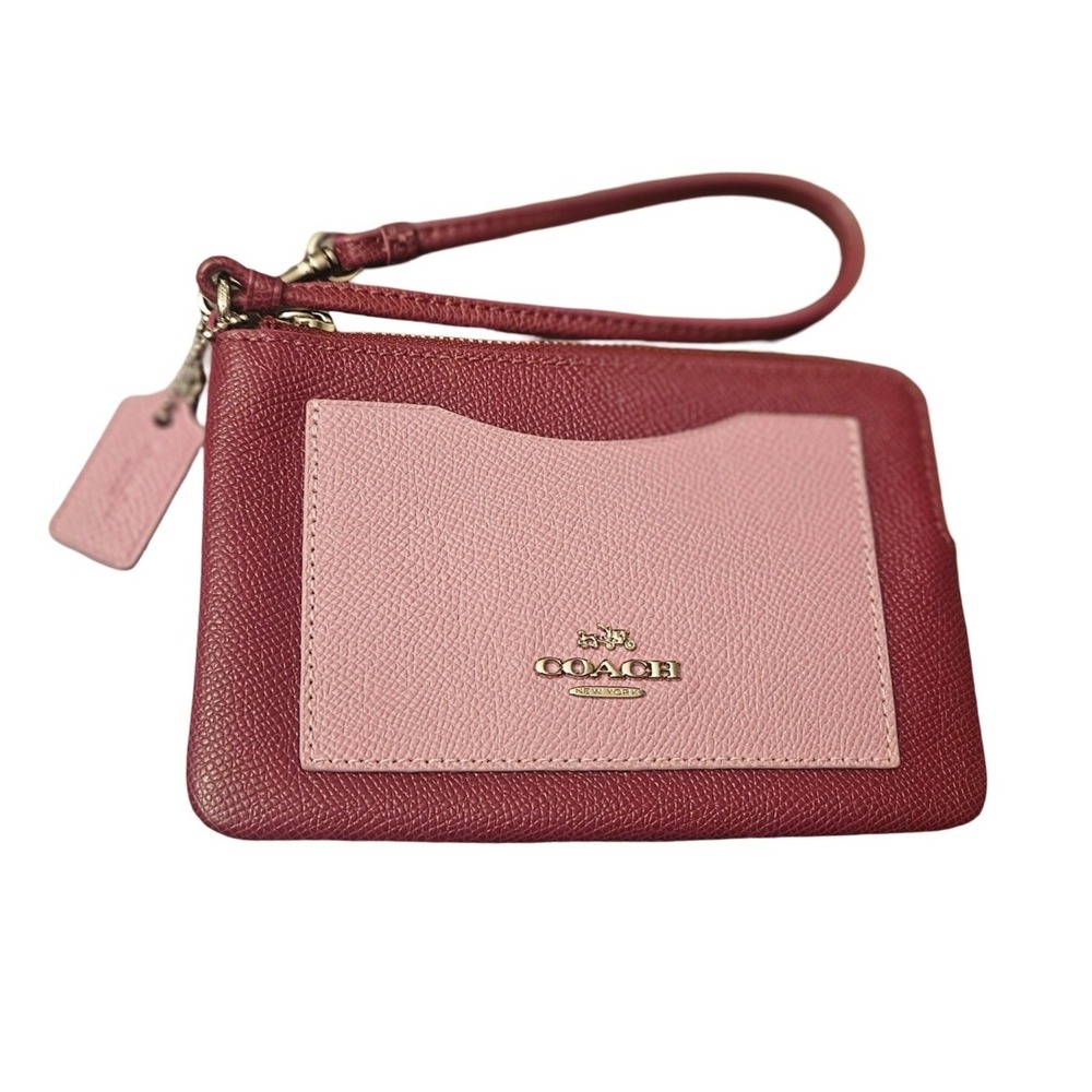 Coach Corner Zip Wristlet Crossgrain Leather Colorblock Berry Pink 6643